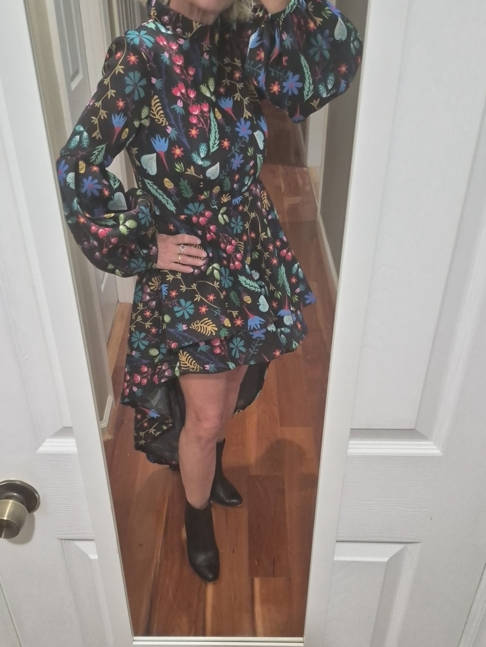 Black Floral High-Low Long-Sleeve Mini Dress